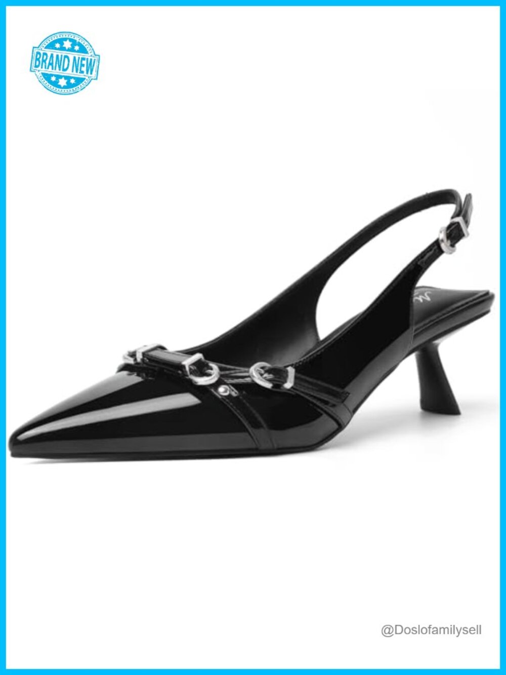 Kitten Heels Pointed Toe Pumps Patent Leather Low Heel Slingback Buckle Dress